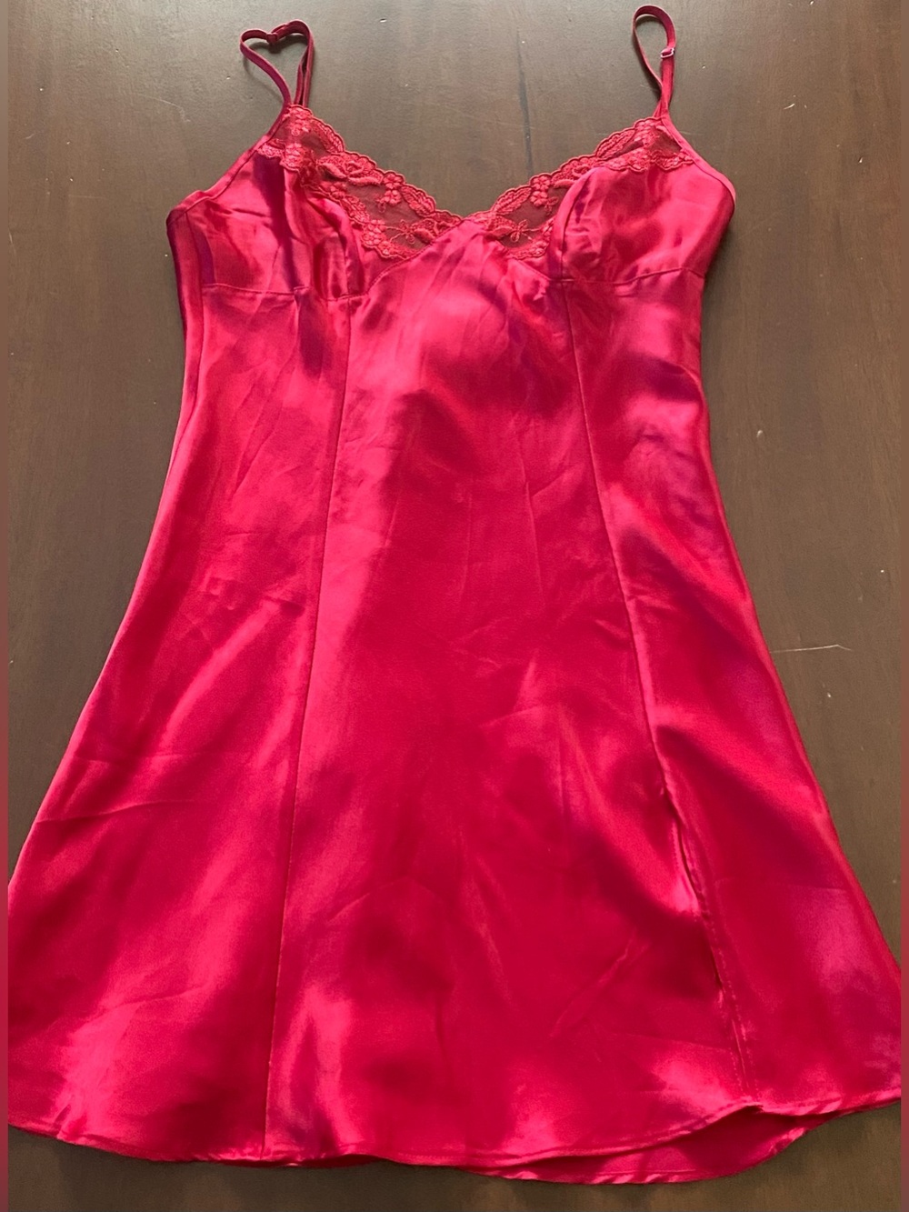 Victorias Secret XS Red Satin Lace Trim Slip Dress Chemise Nightie Sleepwear